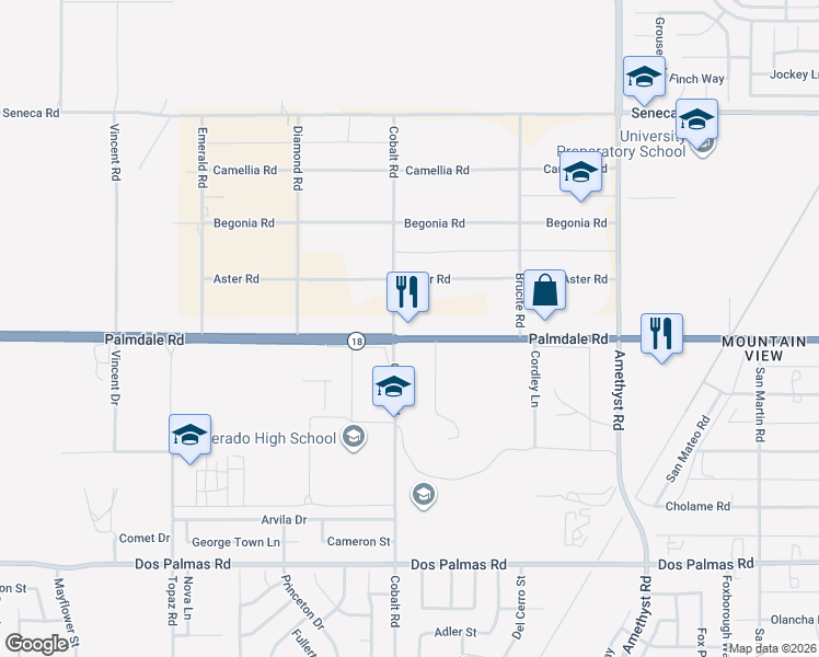 map of restaurants, bars, coffee shops, grocery stores, and more near 13330 Palmdale Road in Victorville