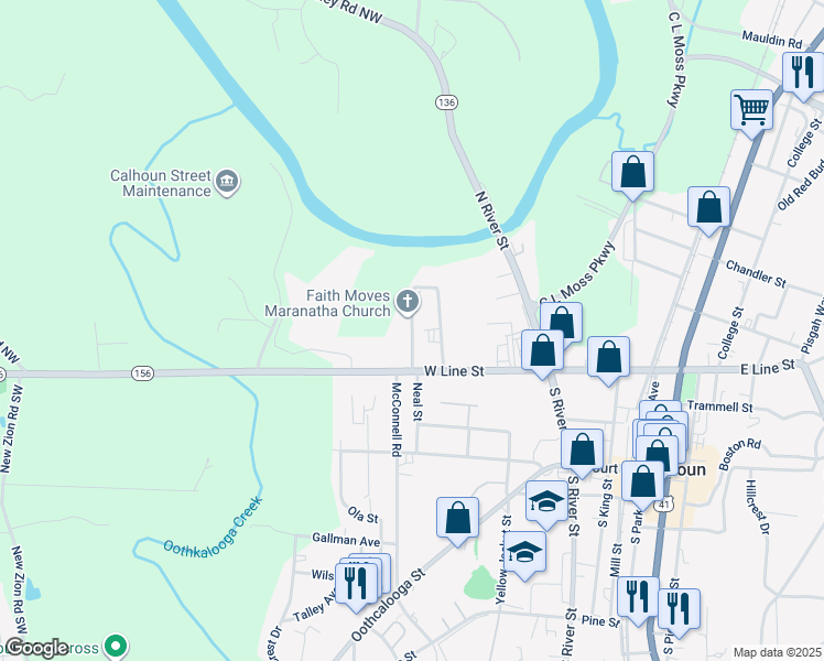 map of restaurants, bars, coffee shops, grocery stores, and more near 168 Riverview Drive in Calhoun