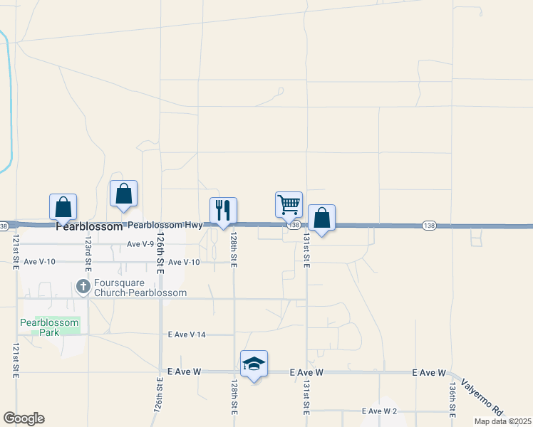 map of restaurants, bars, coffee shops, grocery stores, and more near 129th Street East in Pearblossom