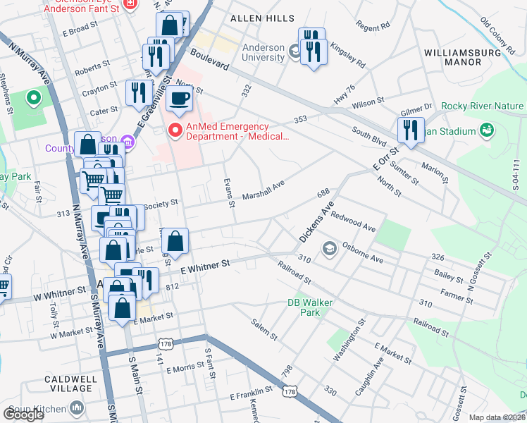 map of restaurants, bars, coffee shops, grocery stores, and more near 700 Marshall Avenue in Anderson