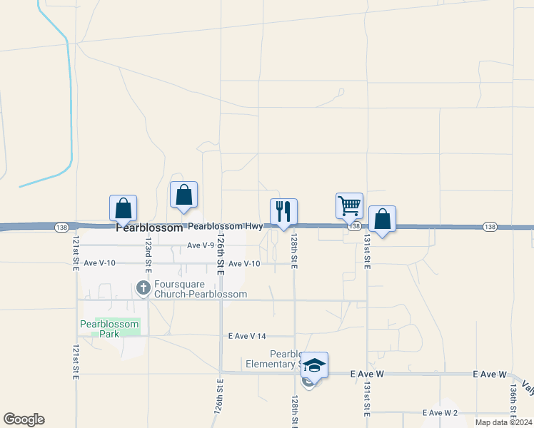 map of restaurants, bars, coffee shops, grocery stores, and more near 127th Street East in Pearblossom