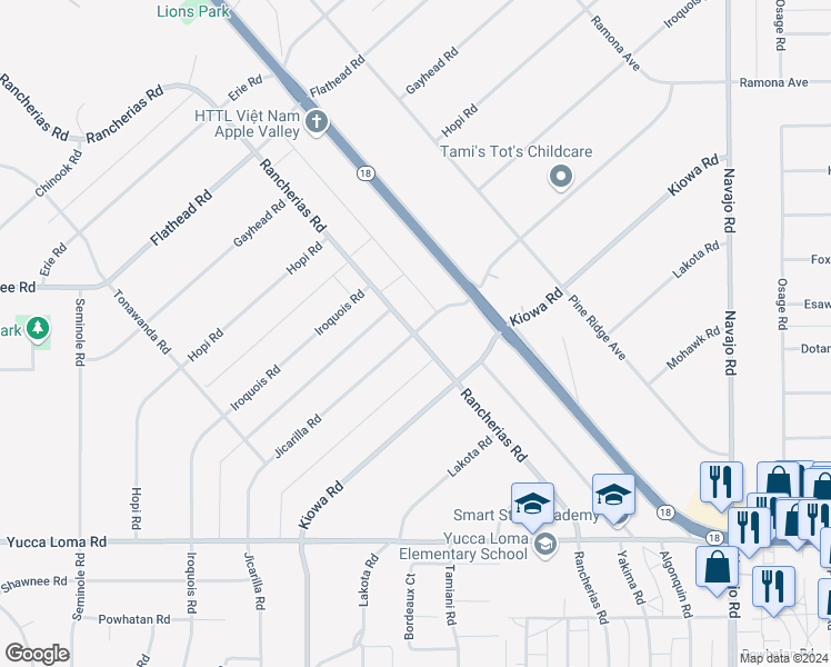 map of restaurants, bars, coffee shops, grocery stores, and more near 21142 Rancherias Road in Apple Valley