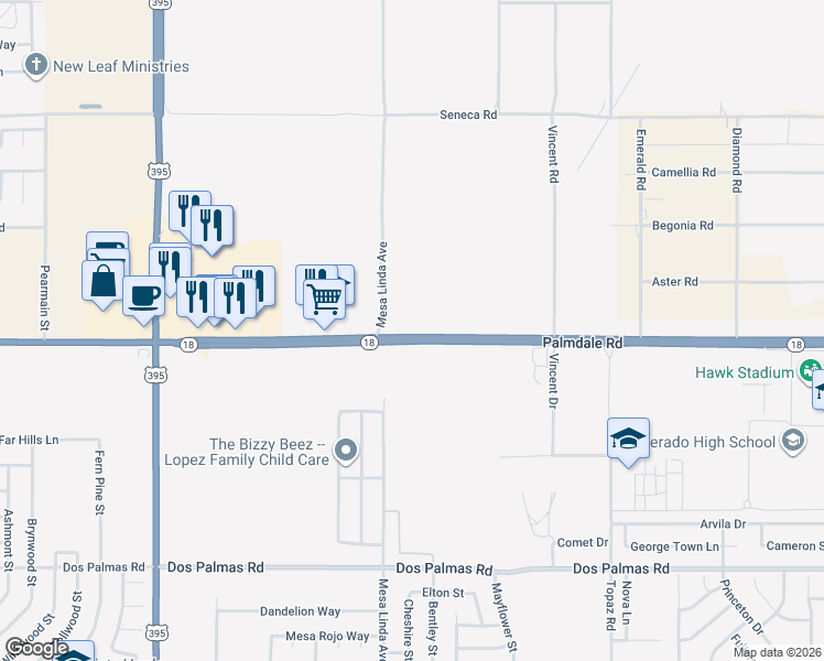 map of restaurants, bars, coffee shops, grocery stores, and more near Palmdale Road in Victorville