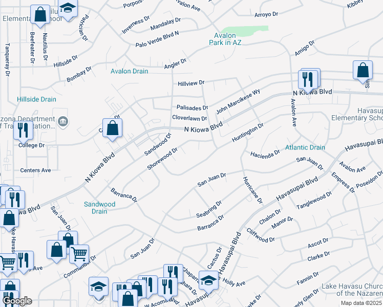map of restaurants, bars, coffee shops, grocery stores, and more near 1125 Shorewood Plaza in Lake Havasu City
