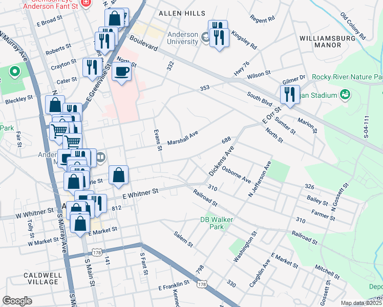 map of restaurants, bars, coffee shops, grocery stores, and more near 700 Marshall Avenue in Anderson