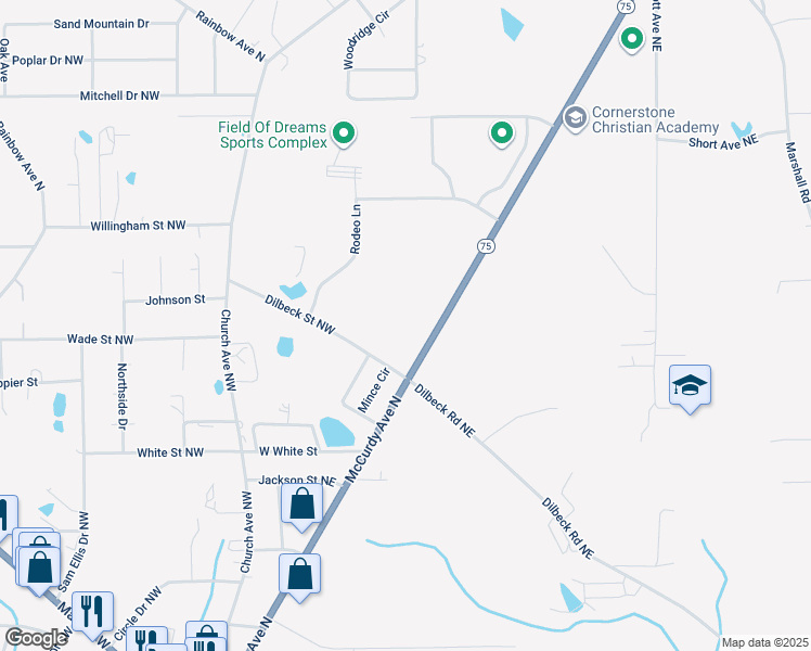 map of restaurants, bars, coffee shops, grocery stores, and more near 1052 McCurdy Avenue North in Rainsville