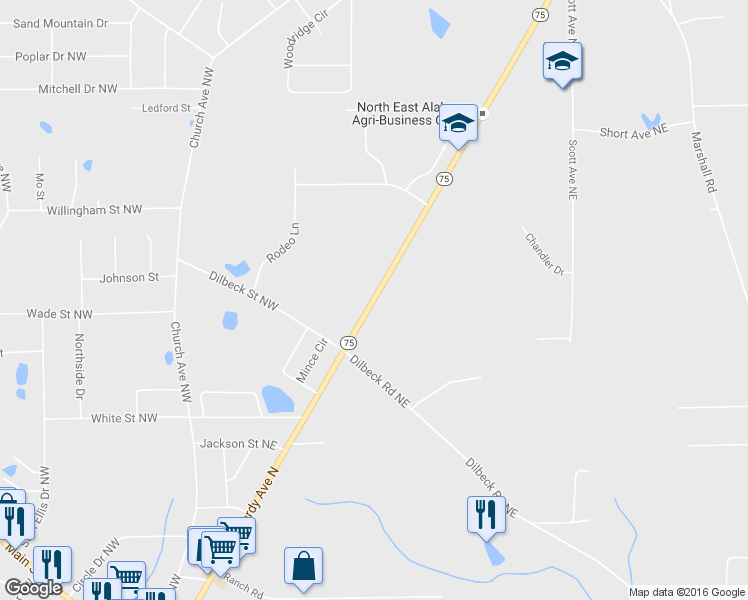 map of restaurants, bars, coffee shops, grocery stores, and more near 1052 McCurdy Avenue North in Rainsville