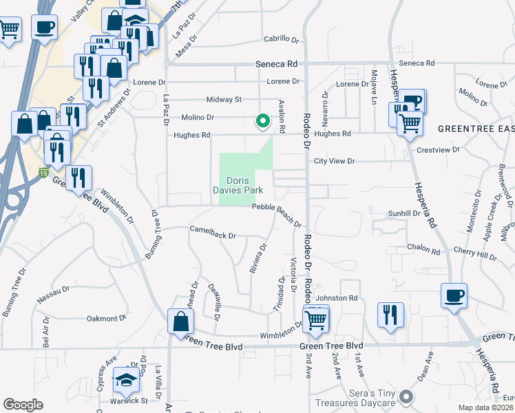 map of restaurants, bars, coffee shops, grocery stores, and more near 16358 Pebble Beach Drive in Victorville