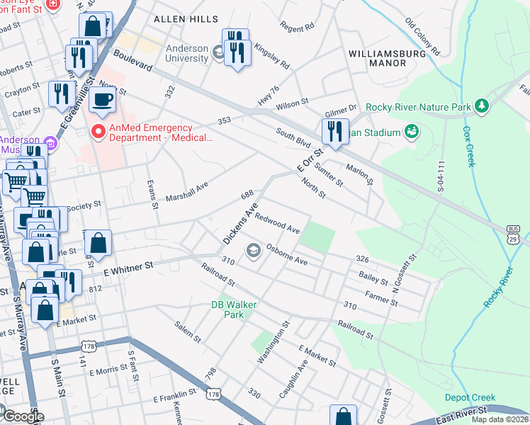 map of restaurants, bars, coffee shops, grocery stores, and more near 408 Dickens Avenue in Anderson