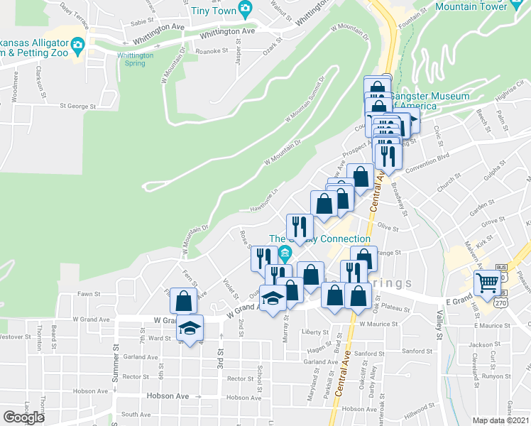 map of restaurants, bars, coffee shops, grocery stores, and more near 502 Prospect Avenue in Hot Springs