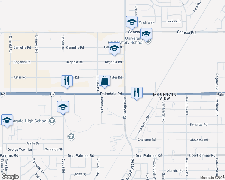 map of restaurants, bars, coffee shops, grocery stores, and more near 13612 Palmdale Road in Victorville