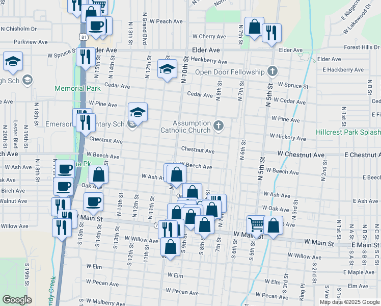 map of restaurants, bars, coffee shops, grocery stores, and more near 411 North 9th Street in Duncan