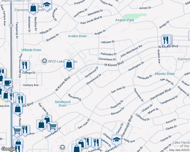 map of restaurants, bars, coffee shops, grocery stores, and more near 2240 Sandwood Drive in Lake Havasu City