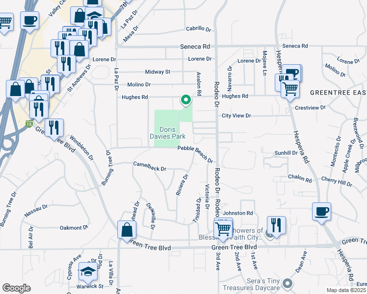 map of restaurants, bars, coffee shops, grocery stores, and more near 16321 Pebble Beach Drive in Victorville