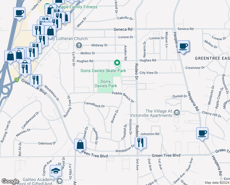 map of restaurants, bars, coffee shops, grocery stores, and more near 16321 Pebble Beach Drive in Victorville
