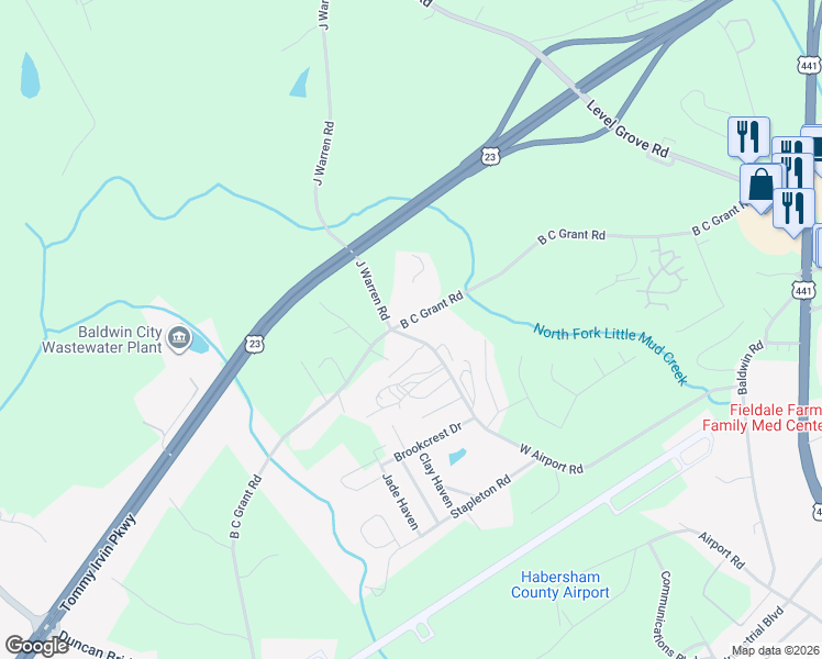 map of restaurants, bars, coffee shops, grocery stores, and more near 1055 West Airport Road in Cornelia