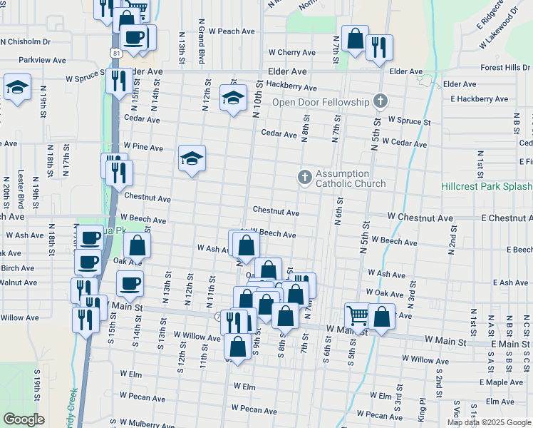 map of restaurants, bars, coffee shops, grocery stores, and more near 411 North 9th Street in Duncan