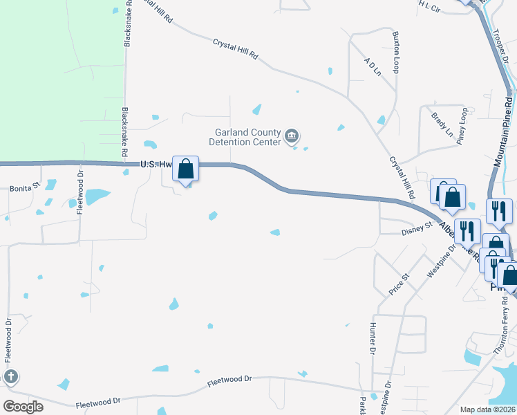 map of restaurants, bars, coffee shops, grocery stores, and more near 3565 Albert Pike Road in Hot Springs