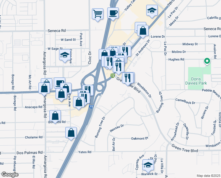 map of restaurants, bars, coffee shops, grocery stores, and more near 14173 Green Tree Boulevard in Victorville