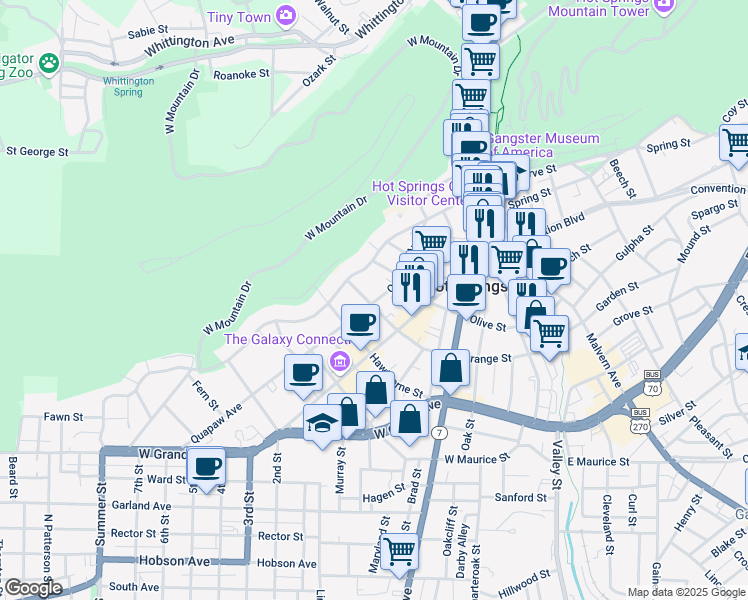map of restaurants, bars, coffee shops, grocery stores, and more near 420 Quapaw Avenue in Hot Springs