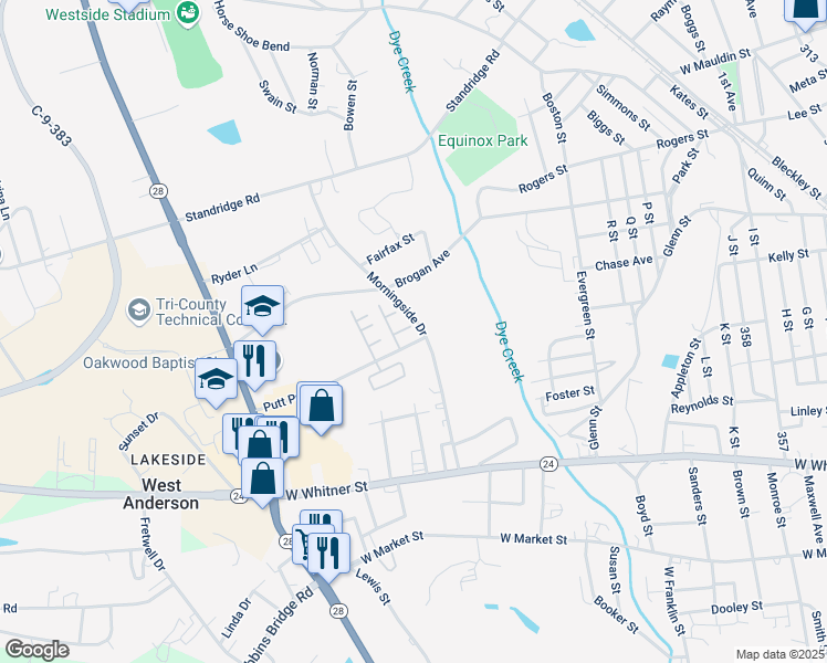 map of restaurants, bars, coffee shops, grocery stores, and more near 220 Hales Drive in Anderson