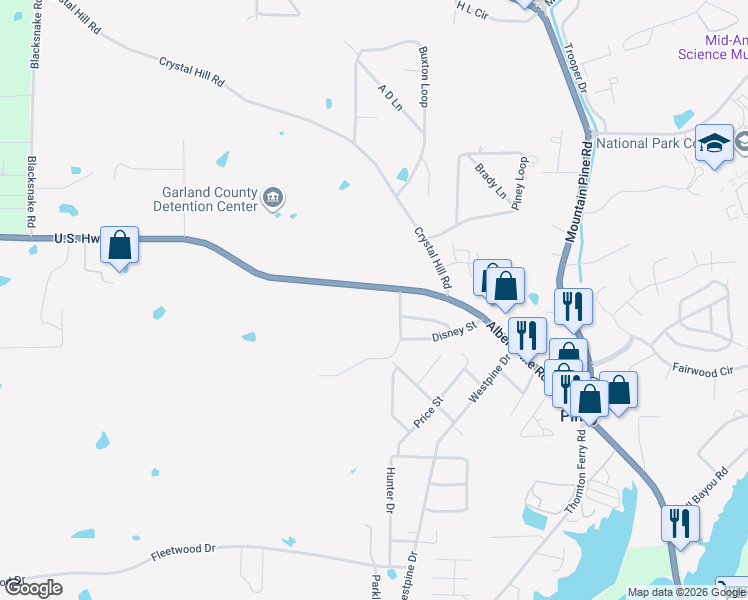 map of restaurants, bars, coffee shops, grocery stores, and more near 3421 Albert Pike Road in Hot Springs