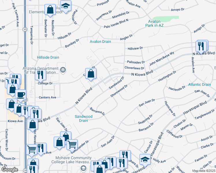 map of restaurants, bars, coffee shops, grocery stores, and more near 2215 Sandwood Drive in Lake Havasu City