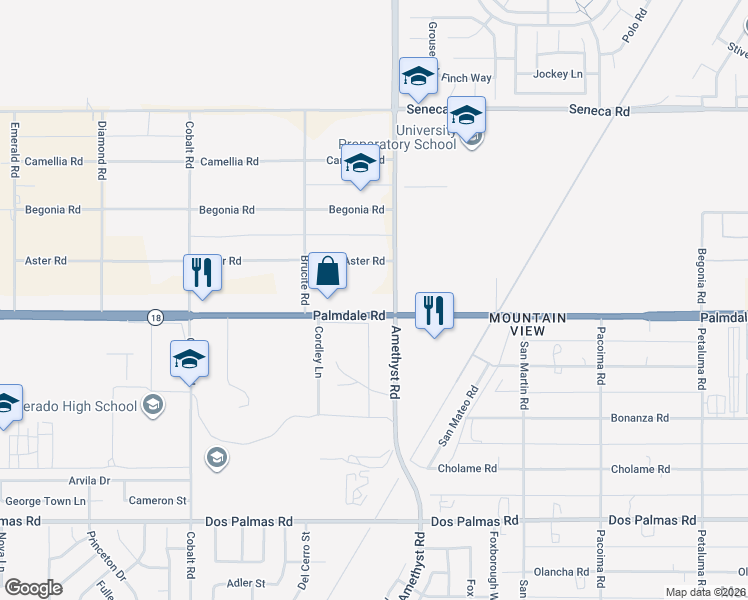 map of restaurants, bars, coffee shops, grocery stores, and more near 14176 Amethyst Road in Victorville