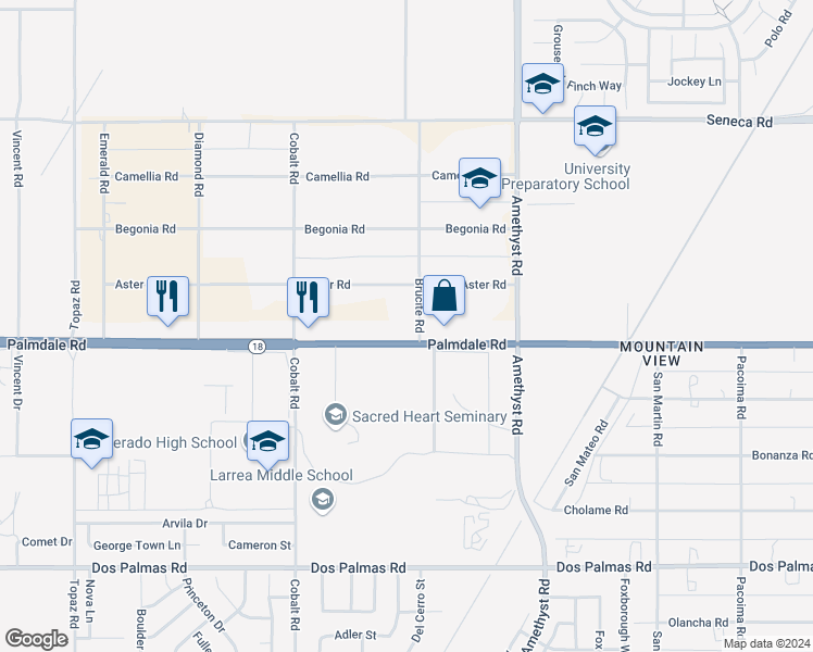 map of restaurants, bars, coffee shops, grocery stores, and more near 13476 Palmdale Road in Victorville