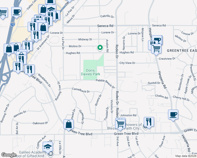 map of restaurants, bars, coffee shops, grocery stores, and more near 16352 Pebble Beach Drive in Victorville