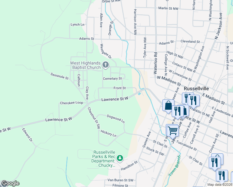 map of restaurants, bars, coffee shops, grocery stores, and more near 62-82 Bibb Avenue in Russellville