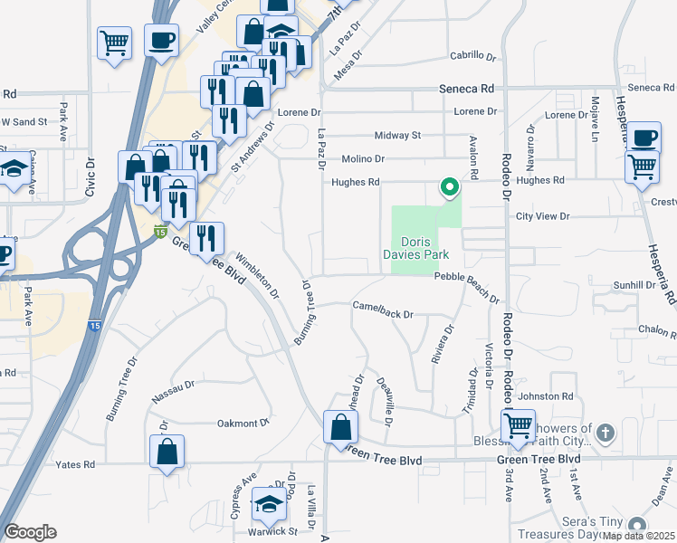 map of restaurants, bars, coffee shops, grocery stores, and more near 16120 Pebble Beach Drive in Victorville