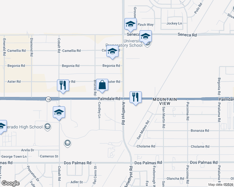 map of restaurants, bars, coffee shops, grocery stores, and more near 14176 Amethyst Road in Victorville