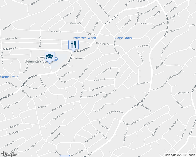 map of restaurants, bars, coffee shops, grocery stores, and more near 3025 Ironwood Drive in Lake Havasu City
