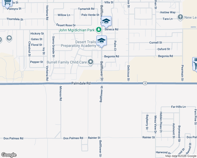 map of restaurants, bars, coffee shops, grocery stores, and more near Bellflower Street in Adelanto