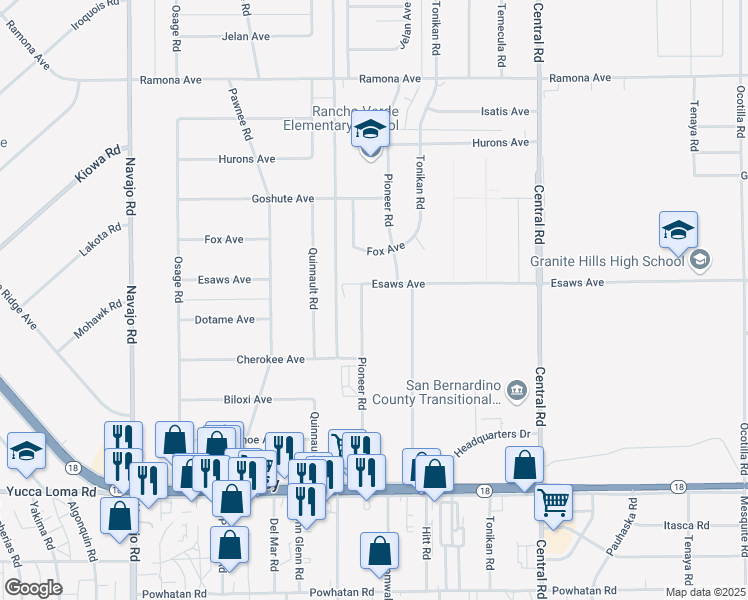 map of restaurants, bars, coffee shops, grocery stores, and more near Pioneer Road in Apple Valley