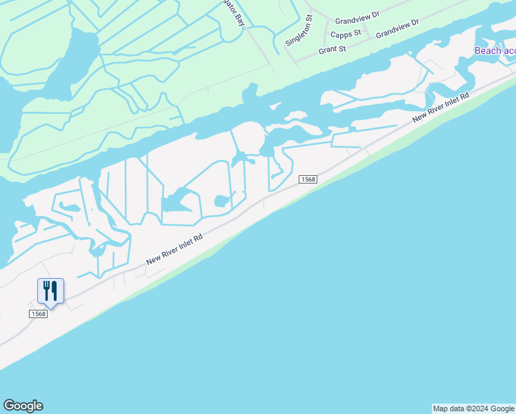 map of restaurants, bars, coffee shops, grocery stores, and more near 1156 New River Inlet Road in North Topsail Beach