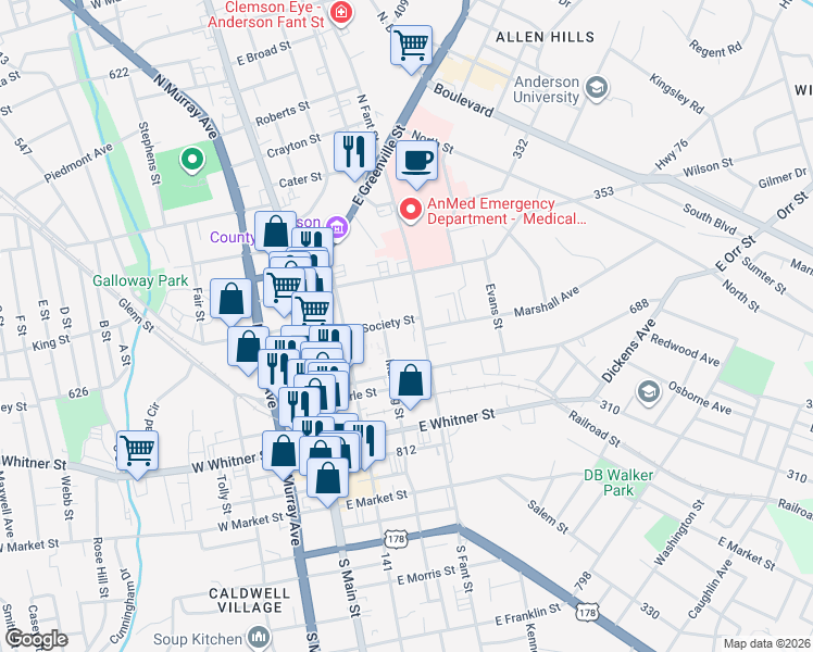map of restaurants, bars, coffee shops, grocery stores, and more near 310 East Society Street in Anderson