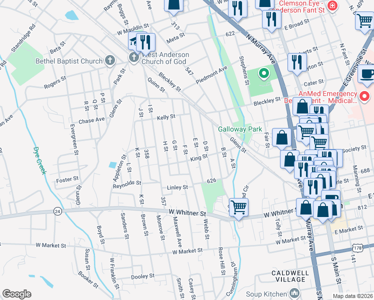 map of restaurants, bars, coffee shops, grocery stores, and more near 310 F Street in Anderson