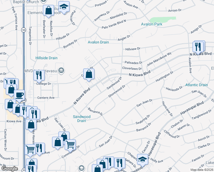 map of restaurants, bars, coffee shops, grocery stores, and more near 2215 Sandwood Drive in Lake Havasu City