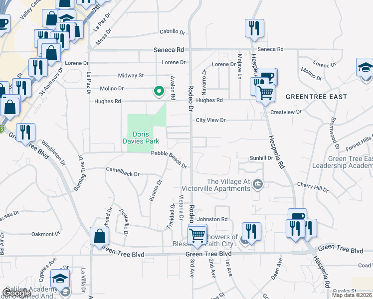 map of restaurants, bars, coffee shops, grocery stores, and more near 14146 Rodeo Drive in Victorville