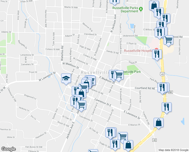 map of restaurants, bars, coffee shops, grocery stores, and more near 310 North Jackson Avenue in Russellville