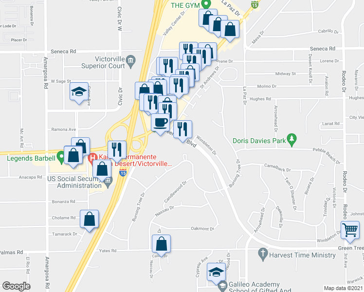 map of restaurants, bars, coffee shops, grocery stores, and more near 14144 Green Tree Boulevard in Victorville