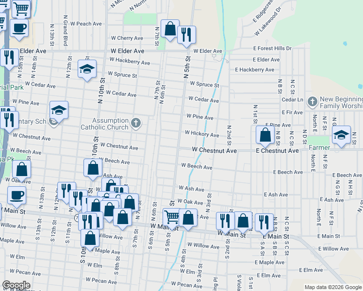map of restaurants, bars, coffee shops, grocery stores, and more near 602 North 5th Street in Duncan