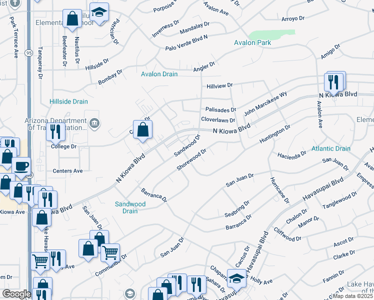 map of restaurants, bars, coffee shops, grocery stores, and more near 2240 Sandwood Drive in Lake Havasu City