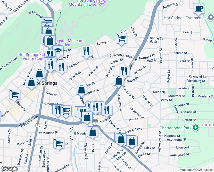 map of restaurants, bars, coffee shops, grocery stores, and more near 326 Grove Street in Hot Springs