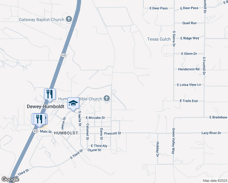 map of restaurants, bars, coffee shops, grocery stores, and more near 13230 East Comanche Trail in Dewey-Humboldt