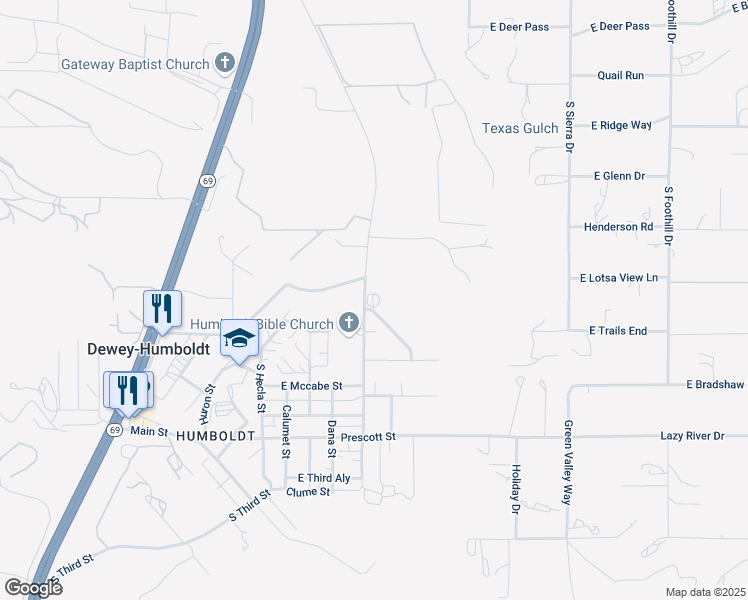 map of restaurants, bars, coffee shops, grocery stores, and more near 13230 East Comanche Trail in Dewey-Humboldt