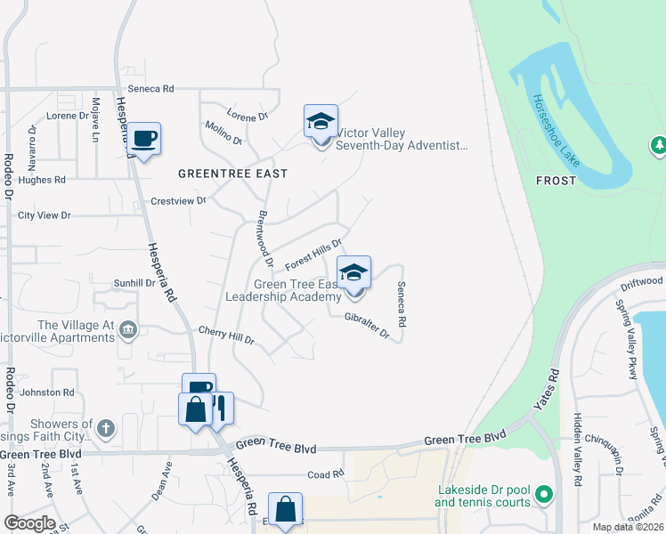 map of restaurants, bars, coffee shops, grocery stores, and more near 14303 Meadow Grove Drive in Victorville