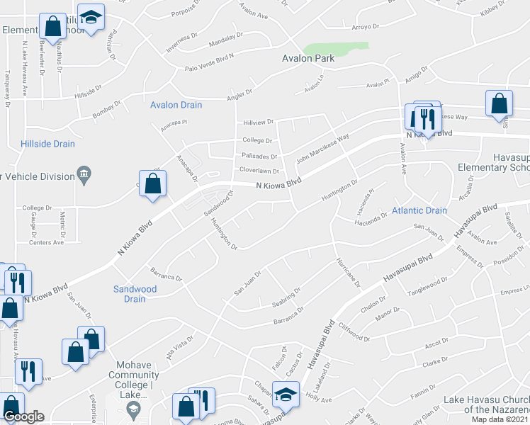 map of restaurants, bars, coffee shops, grocery stores, and more near 1125 Shorewood Plaza in Lake Havasu City